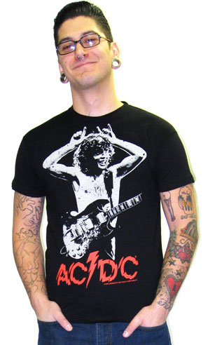 Show product details for AC/DC- Angus Horns on a black guys slim fit shirt