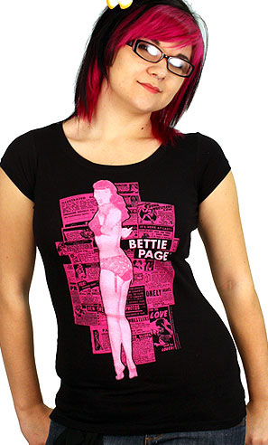 Show product details for Bettie Page- News on a black scoopneck girls fitted shirt - SALE