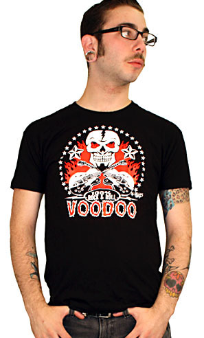 Show product details for 100% Rock & Roll Voodoo on a black guys slim fit shirt (Vince Ray artwork)