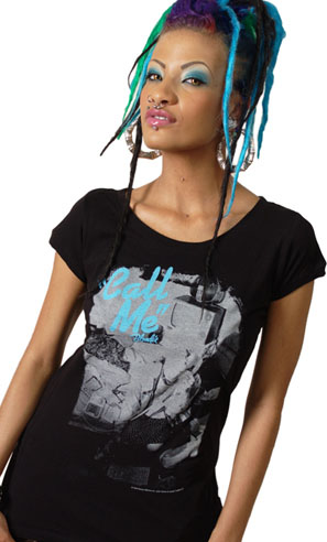 Show product details for Blondie- Call Me on a black scoop neck girls fitted shirt