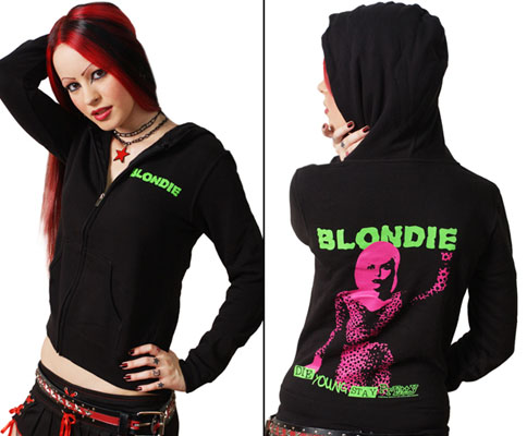 Show product details for Blondie- Logo on front, Die Young Stay Pretty on back on a black tight fitting girls zip front long sleeve hoody