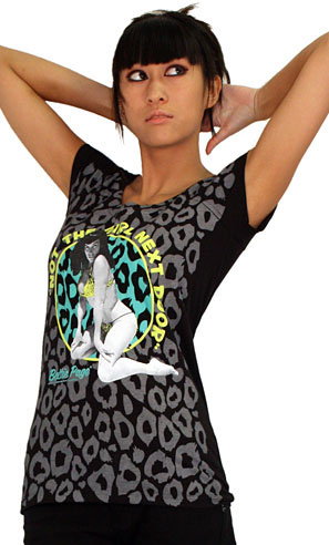 Show product details for Bettie Page- Not The Girl Next Door Leopard Print on a black girls scoop neck shirt