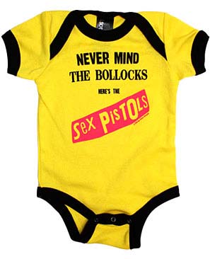 Sex Pistols- Never Mind The Bollocks on a yellow onesie (S:0-3m, M:3-6m, L:6-12m, XL:12-18m)