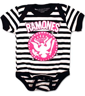Ramones- Pink Logo & Seal on a black & white striped onesie (S:0-3m, M:3-6m, L:6-12m, XL:12-18m)