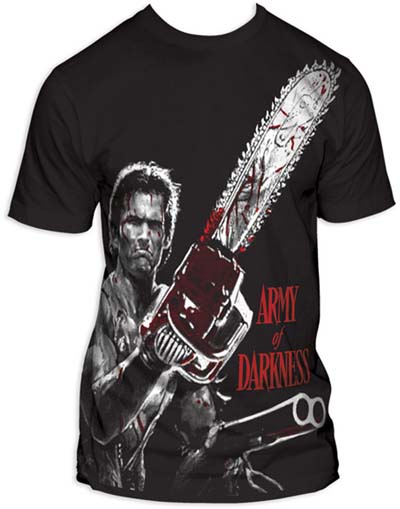 Army Of Darkness- Ash Holding Gun & Chainsaw subway print (Oversized full shirt image) on a black slim fit shirt