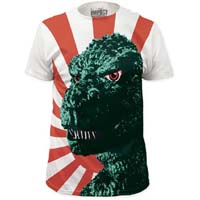 Godzilla- Rising Sun And Face subway print (Oversized full shirt image) on a white guys slim fit shirt