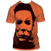 Halloween- Mask subway print (Oversized full shirt image) on an orange fitted guys shirt