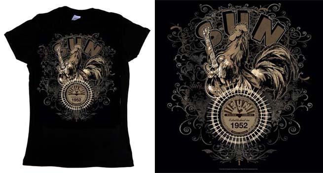 Sun Records- 1952 Rooster With Guitar on a black girls fitted shirt