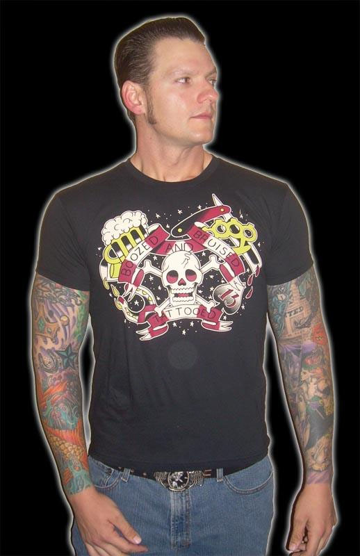 Boozed Bruised And Tattooed on a black guys slim fit shirt by Too Fast Clothing  - SALE sz S and XL  only