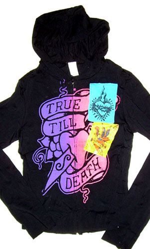 True Till Death with Sewn On Patches on a black long sleeve fitted zip up hooded girls shirt