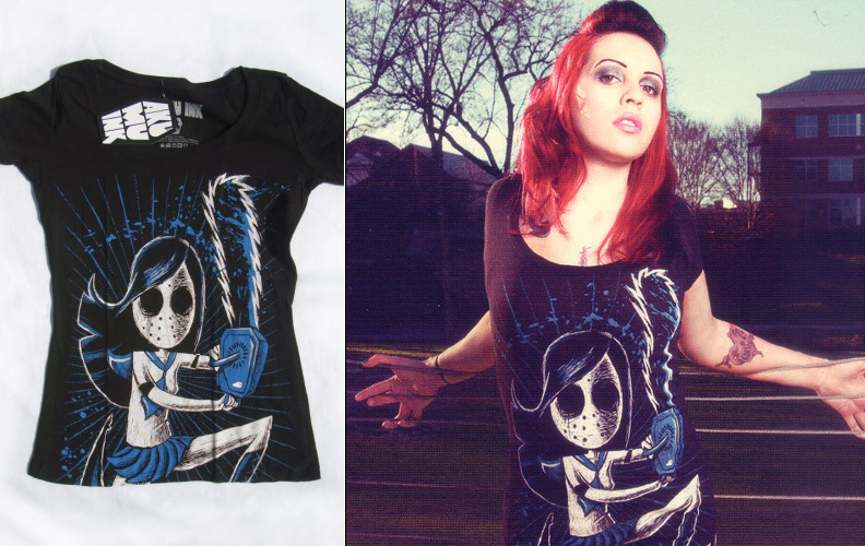 Tokyo Revenge on a black girls scoopneck shirt by Akumu Ink