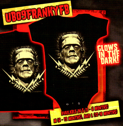 Frankenstein- Face & Bolts (Glows In The Dark!) on a black onesie by Rock Rebel (S:0-6m, M:6-12m, L:12-18m)