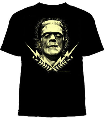 Frankenstein- Face And Bolts on a black shirt (Glows In The Dark!)