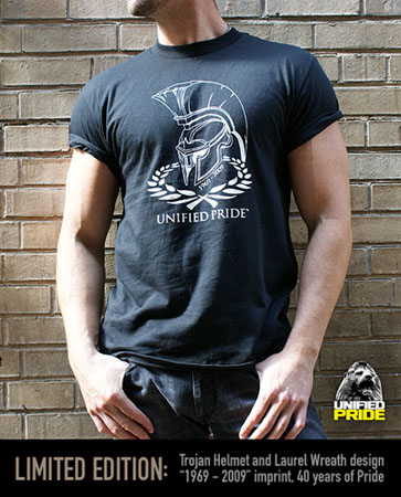 Show product details for Unified Pride- Trojan Wreath 1969-2009 on a black shirt