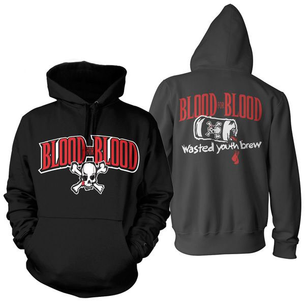 Blood For Blood- Skull And Logo on front, Wasted Youth Brew on back on a black hooded sweatshirt 