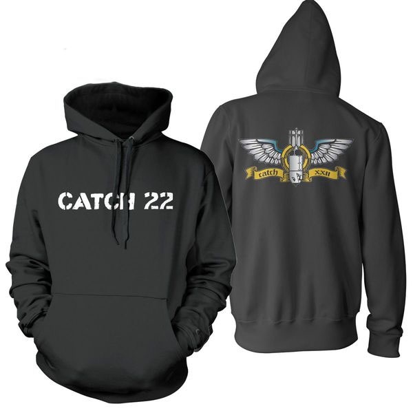 Catch 22- Logo on front, Bomb on back on a black hooded sweatshirt 