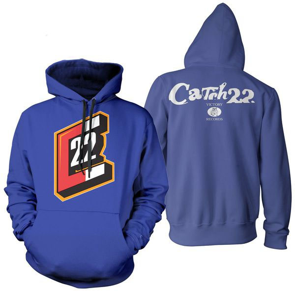 Catch 22- Magnet on front, Logo on back on a black hooded sweatshirt 