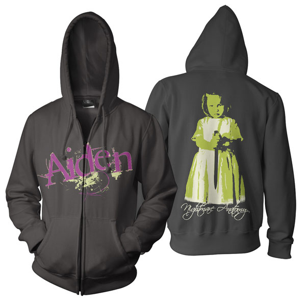 Aiden- Logo on front, Nightmare Anatomy on back on a black zip up hooded sweatshirt