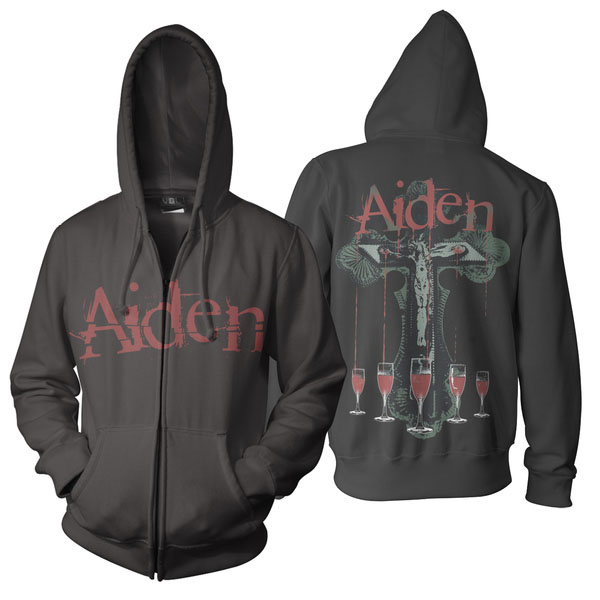Aiden- Logo on front, Stigmata on back on a black zip up hooded sweatshirt