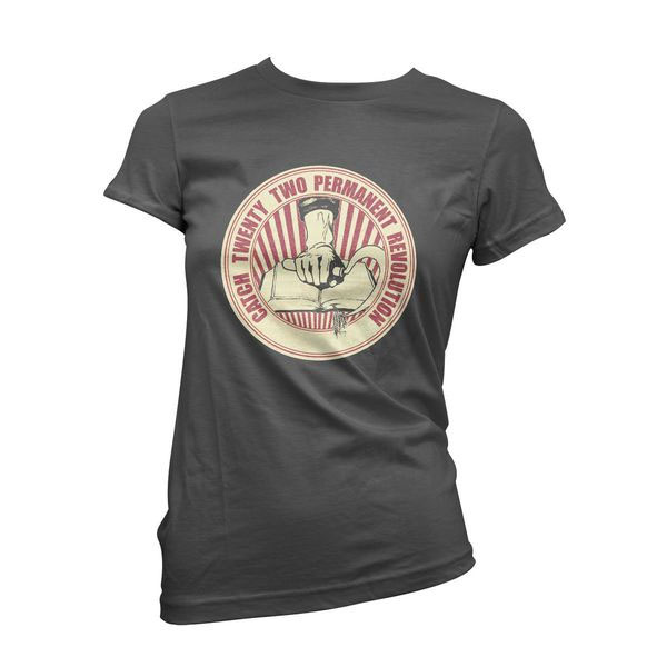 Catch 22- Permanent Revolution on a black girls fitted shirt