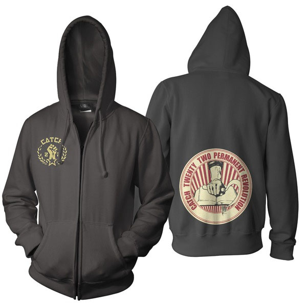 Catch 22- Logo on front, Permanent Revolutions on back on a black zip up hooded sweatshirt 