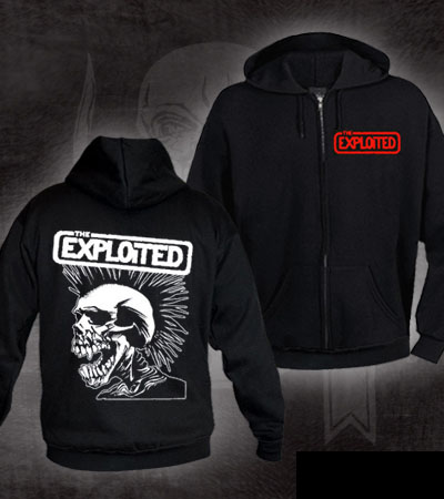 Exploited- Logo on front, Screaming Skull on back on a black zip up hooded sweatshirt