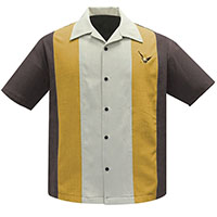 Atomic Mad Men Retro Mod Bowling Shirt by Steady Clothing - Coffee/ Mustard/ Stone - SALE
