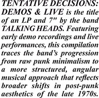 Talking Heads- Tentative Decisions: Demos & Live LP & 7" (Clear Vinyl) (2025 Black Friday RSD Release)