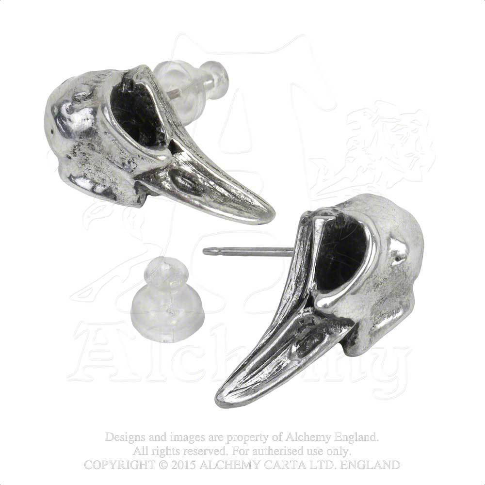 Rabeschadel Pewter Stud Bird Skull Earrings by Alchemy England 1977 - SALE