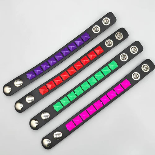 1 Row Of Pink Pyramids on a Black Leather Bracelet by Funk Plus