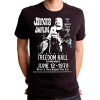 Janis Joplin- Freedom Hall 1970 (White Print) on a black shirt by Goodie Two Sleeves