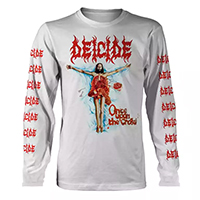 Deicide- Once Upon The Cross on front, Logos on sleeves on a white long sleeve shirt