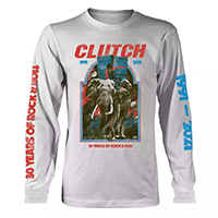 Clutch- 30 Years Of Rock N Roll with Sleeve Prints on a white long sleeve shirt