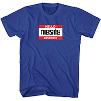 Beastie Boys- Hello Nasty Name Tag on a blue shirt
