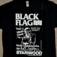 Starwood Show Flyer (Black Flag/Social Distortion/Middle Class/Adolescents) on a black shirt