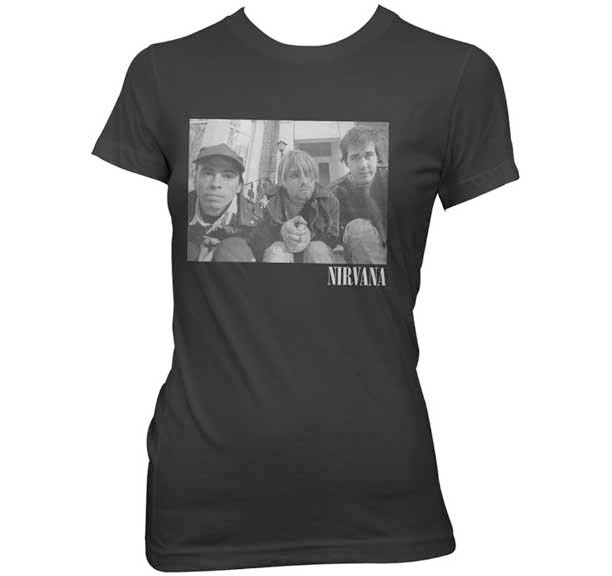 Nirvana- Band On Stairs on a black girls fitted shirt (Sale price!)