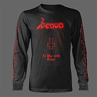 Venom- At War With Satan (Red Print) on a black long sleeve shirt