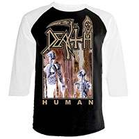 Death- Human on a black/white 3/4 sleeve raglan shirt