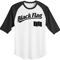 Black Flag- Baseball Logo on a white shirt with black 3/4 length sleeves