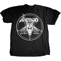 Venom- In League With Satan on front, Lyrics on back on a black shirt