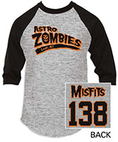 Misfits- Astro Zombies on front, 138 on back on a grey baseball shirt with black 3/4 length sleeves
