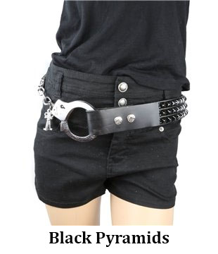 Black Leather Belt With 3 Rows Of Pyramids & Handcuff Fastener by Funk Plus