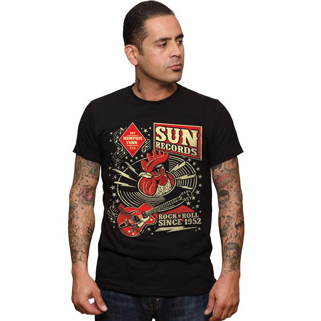 Sun Records- Rock N Roll Since 1952 on a black shirt by Steady Clothing