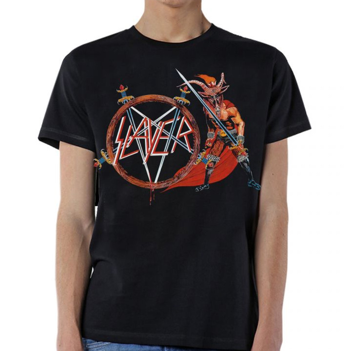 Slayer- Show No Mercy (Creature With Pentagram Logo) on a black shirt