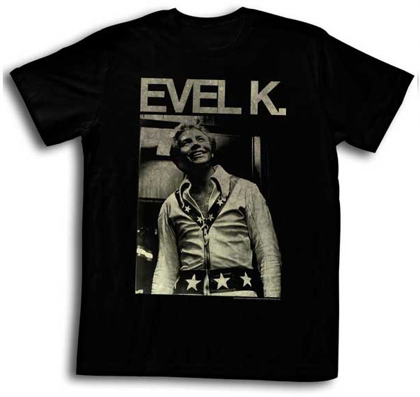 Evel Knievel- Evel K. Pic on a black ringspun cotton shirt (Sale price!)