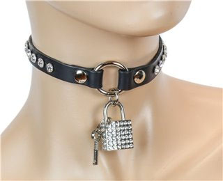 1 Row Rhinestone Black Leather Choker With Rhinestone Square Lock by Funk Plus