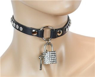 1 Row Rhinestone Black Leather Choker With Rhinestone Square Lock by Funk Plus