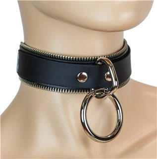 1 Ring Bondage Black Leather Choker With Zipper Edge by Funk Plus