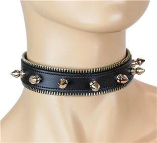1 Row Spikes With Zipper Edge Black Leather Choker by Funk Plus