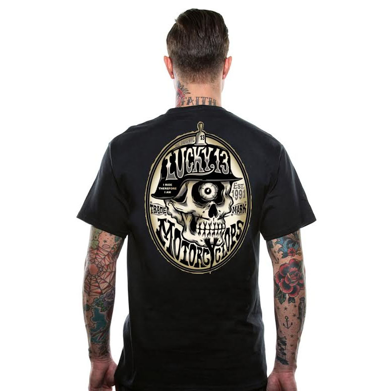 Motorcyclops Skull on a black shirt by Lucky 13 Clothing - SALE sz S only